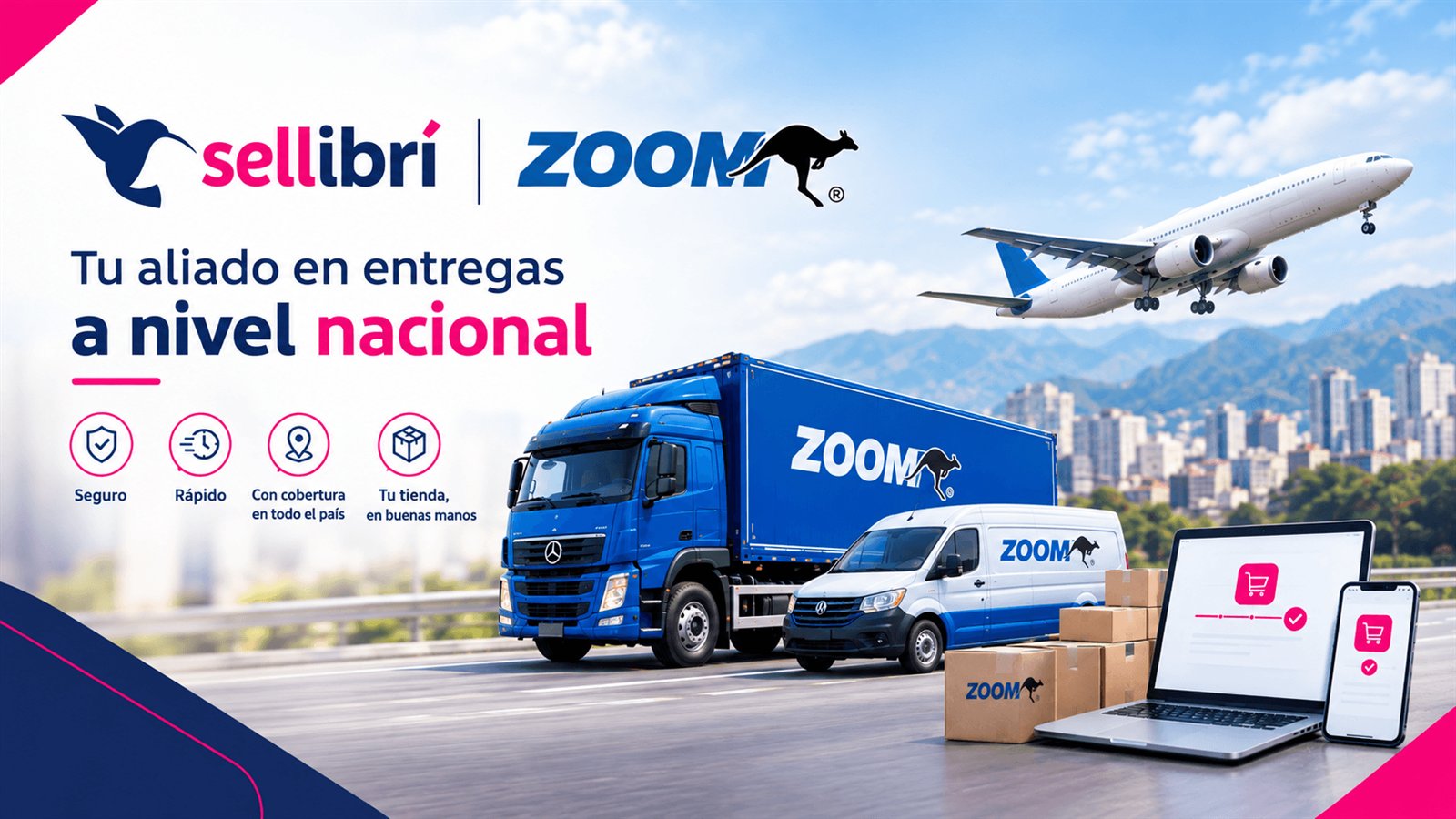 Camión y camioneta de ZOOM con cajas y una tienda online Sellibrí: entregas a nivel nacional