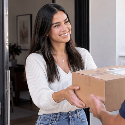 Repartidor entregando un pedido de una tienda online a una clienta