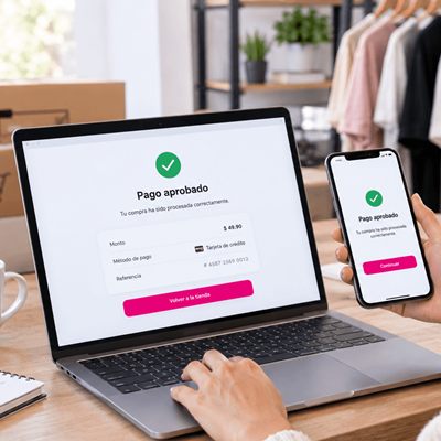 Clienta confirmando un pago aprobado desde su computadora y su celular